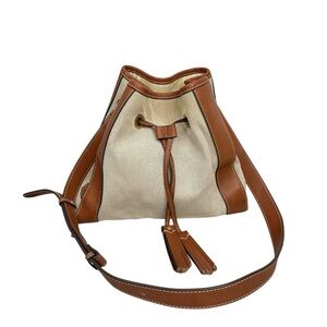 Spartina Vivian Canvas Brown  Leather Trim Shoulder Crossbody Bucket Bag